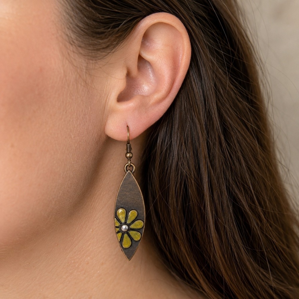 Bronze Tone Leaf Dangle Earrings Yellow Enamel Flower Rhinestone Boho Hook‎ Drop